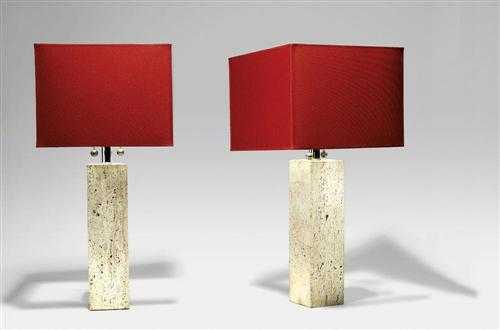 Appraisal: ITALIAN PAIR OF TABLE LAMPS circa Travertine and chromed metal