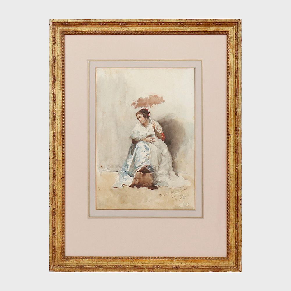 Appraisal: Italian School Mother with Parasol Watercolor on paper signed and