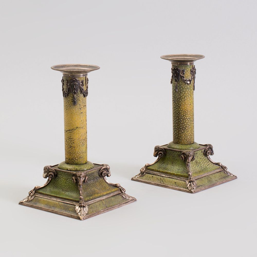 Appraisal: Pair of Continental Silver Plate-Mounted Shagreeen Wrapped Candlesticks Unmarked x