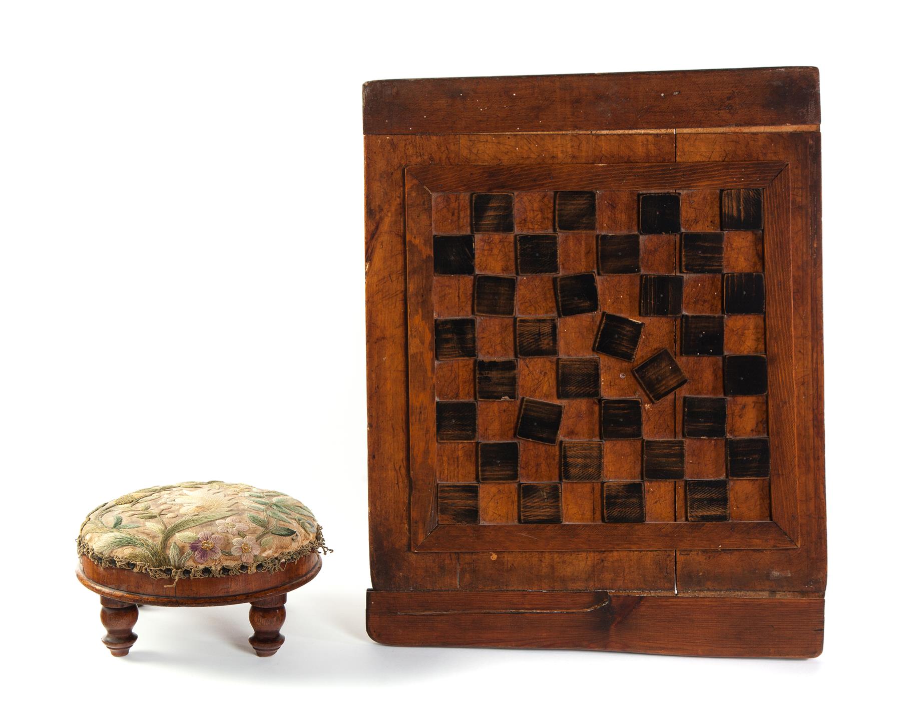 Appraisal: AMERICAN FOOTSTOOL AND GAMEBOARD Late th-early th century Single board