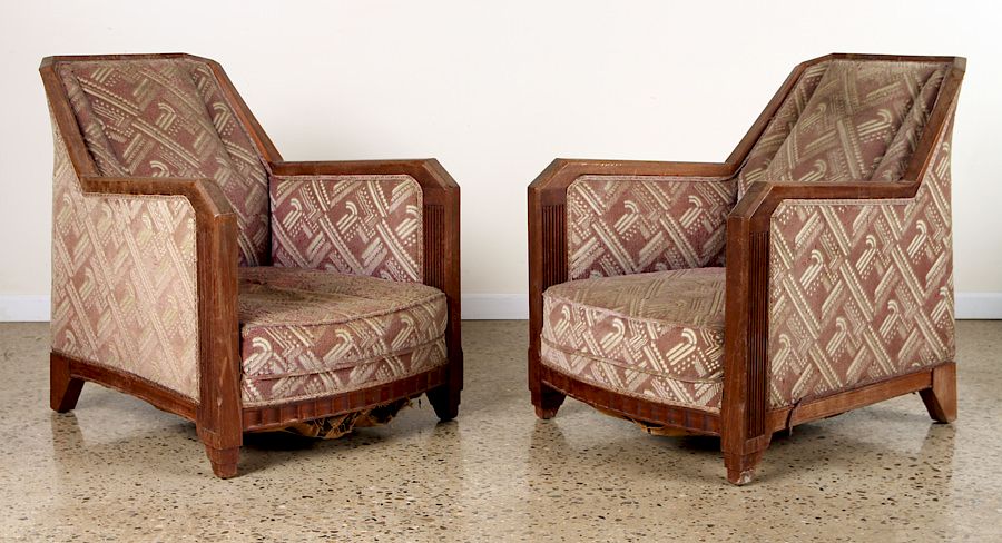 Appraisal: PAIR FRENCH WALNUT ART DECO CLUB CHAIRS C A large