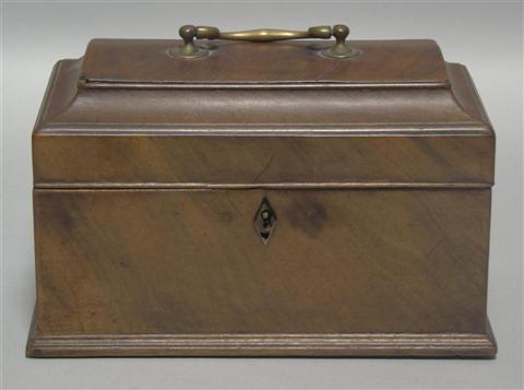 Appraisal: ENGLISH MAHOGANY TEA CADDY molded form with brass handle three