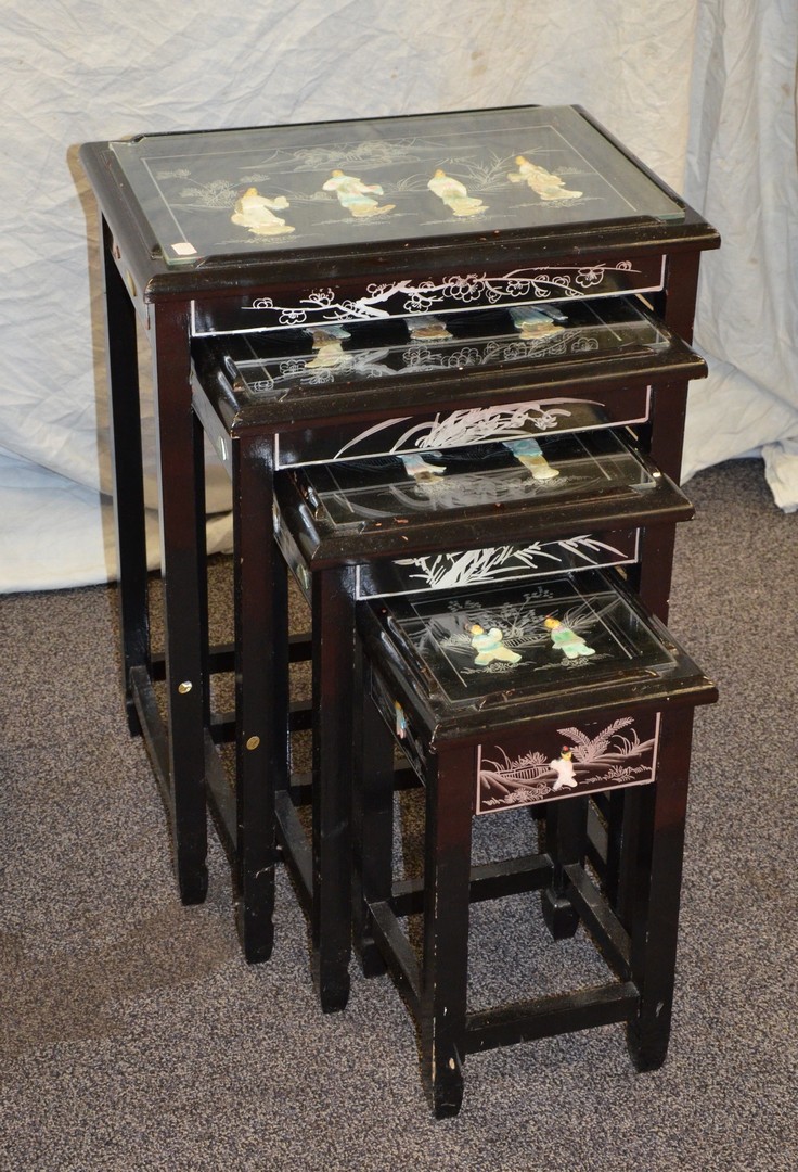 Appraisal: Nest Lacquered and Mother of Pearl Mounted Asian Tables late