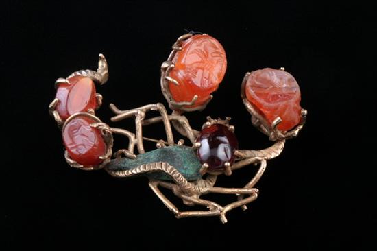 Appraisal: HAND-CRAFTED YELLOW GOLD AMBER TURQUOISE AND CARVED CARNELIAN SEAL STYLIZED