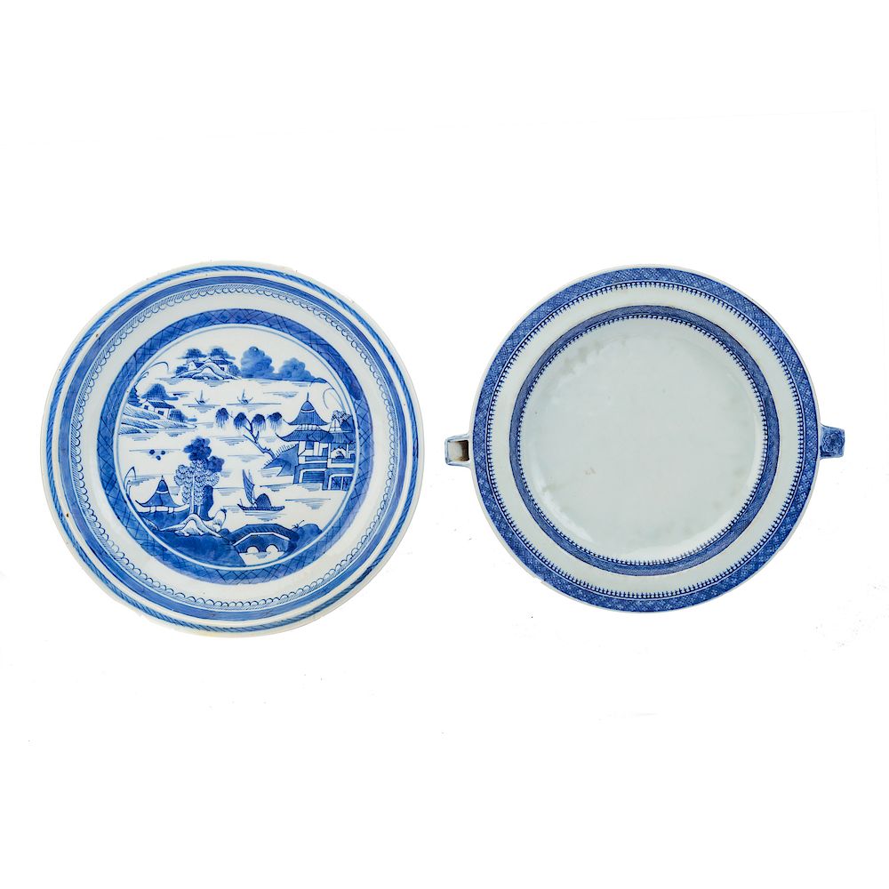 Appraisal: Two Chinese Export blue white table articles hot water plate