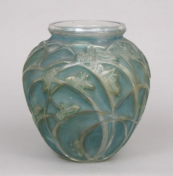 Appraisal: Rene Lalique Sauterelle s Vase ca Clear glass vase with