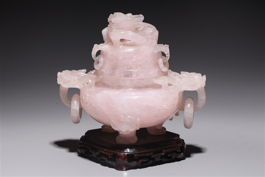 Appraisal: Chinese carved rose quartz covered censer with loose rings dragon