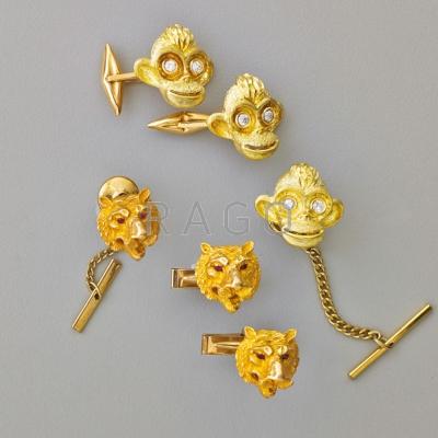 Appraisal: FIGURAL GOLD CUFFLINKS AND TIE PIN SETS Spitzer Furman whimsical