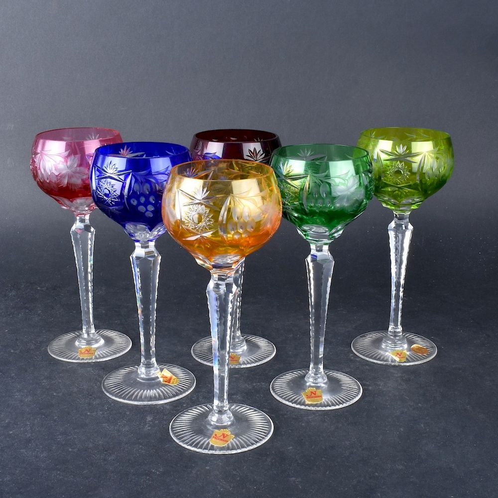 Appraisal: Six Nachmann Colored Cut Crystal Wine Hocks Six Nachmann Colored