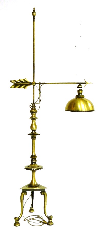 Appraisal: Brass floor lamp weathervane motif brass shade tripod base loose