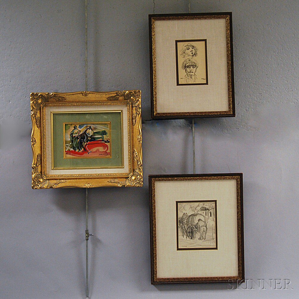 Appraisal: Three Framed Israeli Works Abstract View with Two Figures a