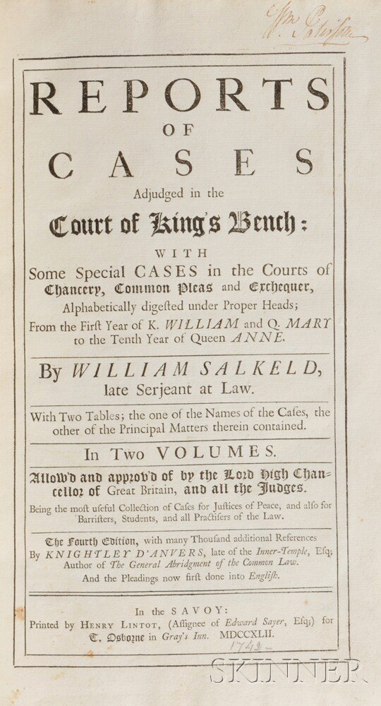 Appraisal: Paterson William - Signed Copy Salkeld's Reports of Cases Adjudged