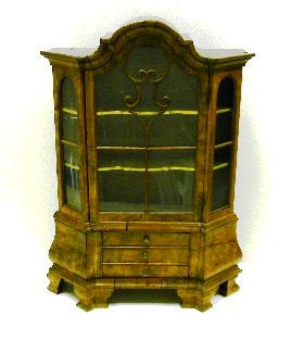 Appraisal: Baroque miniature cabinet with burl veneer shaped cornice glass door