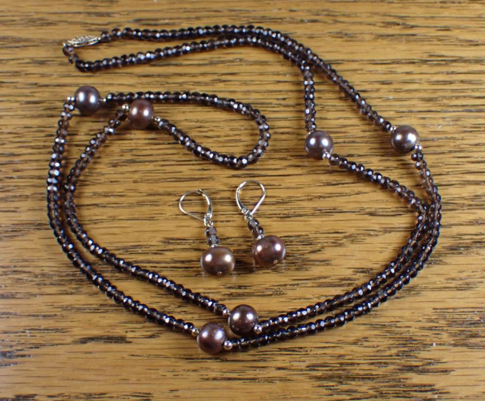 Appraisal: SMOKY QUARTZ AND CHOCOLATE PEARL NECKLACE AND EARRINGS SET including