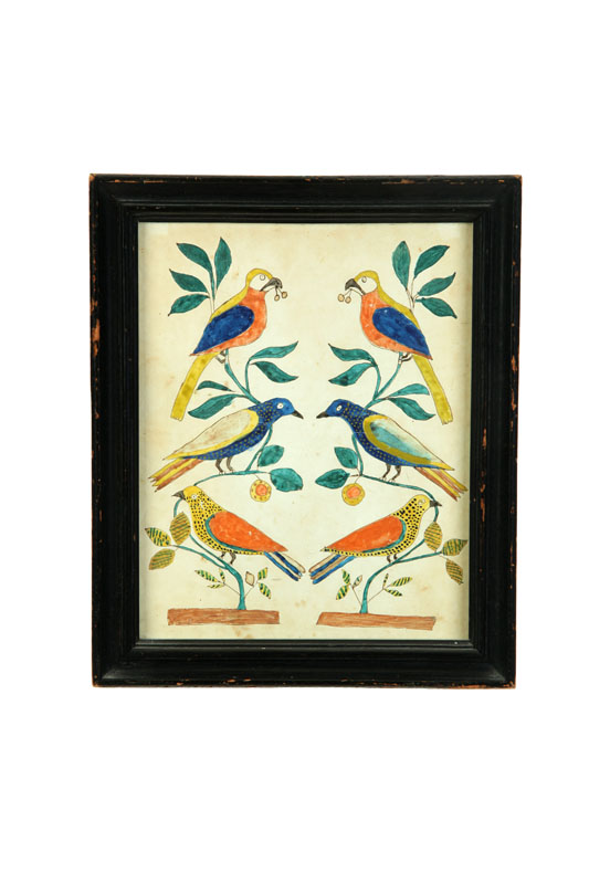 Appraisal: FOLKSY PICTURE OF BIRDS Pennsylvania th century watercolor on paper