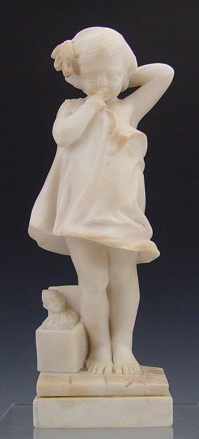 Appraisal: CARVED ALABASTER SCULPTURE OF LITTLE GIRL WITH JACK-IN-THE-BOX '' h