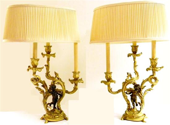 Appraisal: Pair Rococo style cherub lamps gilt metal branches with centered