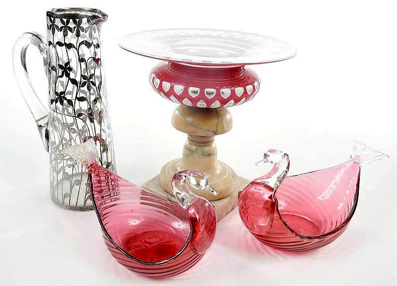 Appraisal: Four Glass Table Objects Including Steuben pair of cranberry pink