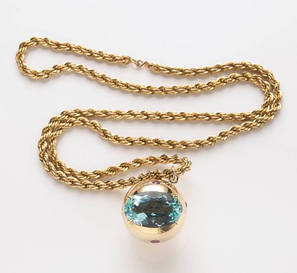 Appraisal: An aquamarine pink sapphire and k gold ball-form pendant with