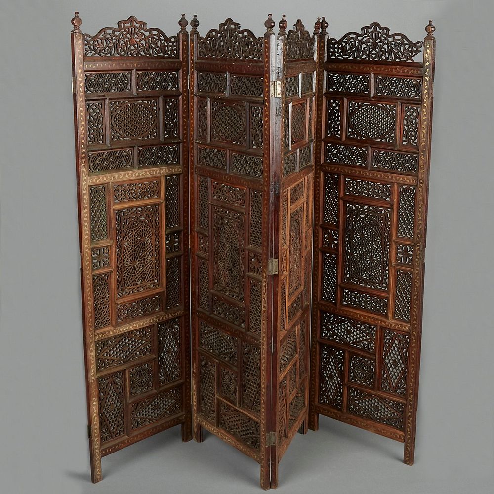 Appraisal: Moroccan Inlaid Four-Panel Floor Screen Moroccan wood carved and inlaid