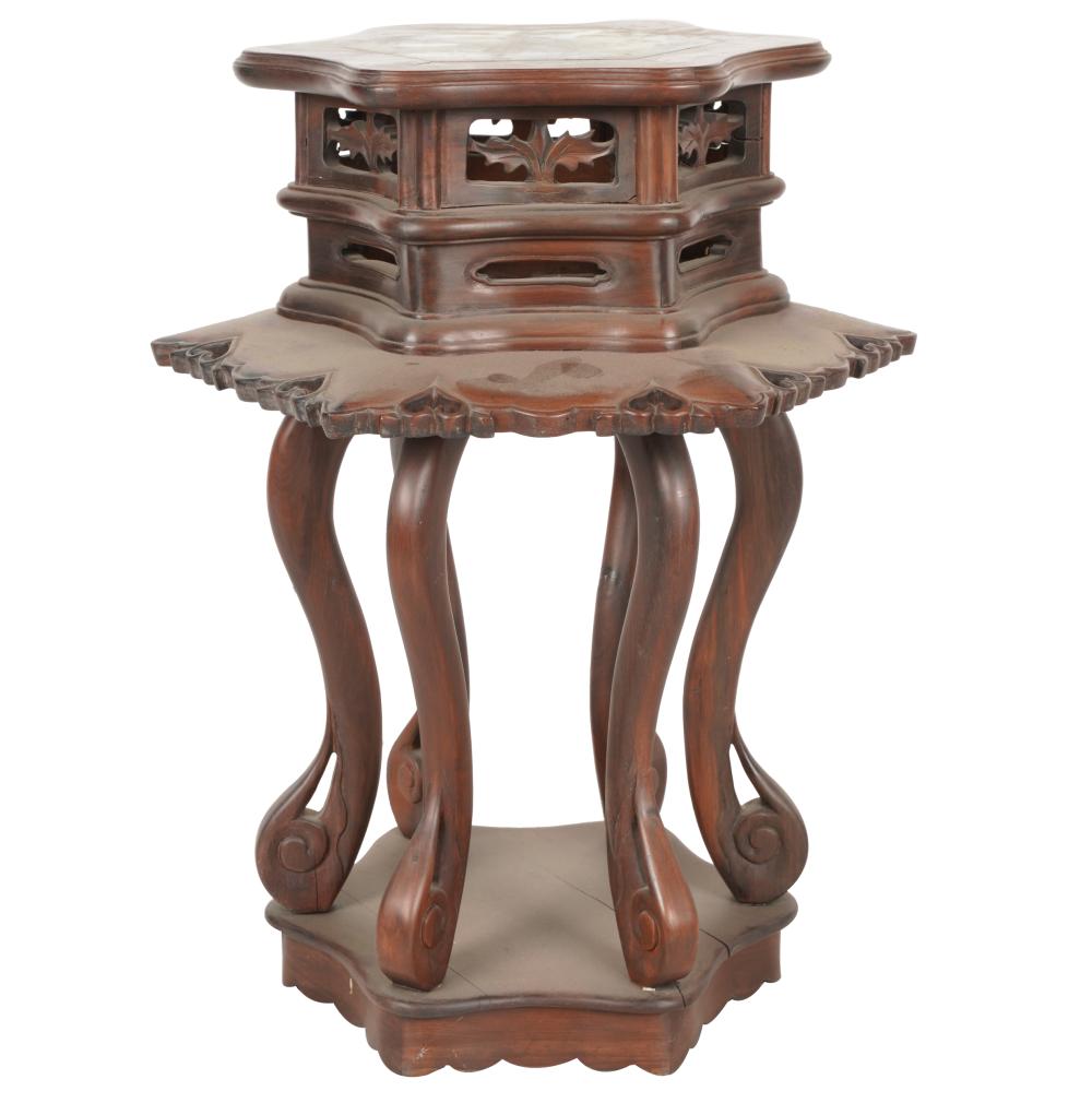 Appraisal: CHINESE MARBLE-INSET WOOD STANDthe hexagonal marble-inset top above lantern-form base