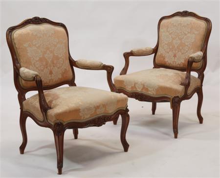 Appraisal: A pair of th century walnut framed fauteuils In the