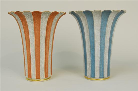 Appraisal: PAIR OF ROYAL COPENHAGEN GILT DECORATED CRACKLE GLAZE FLUTED VASES