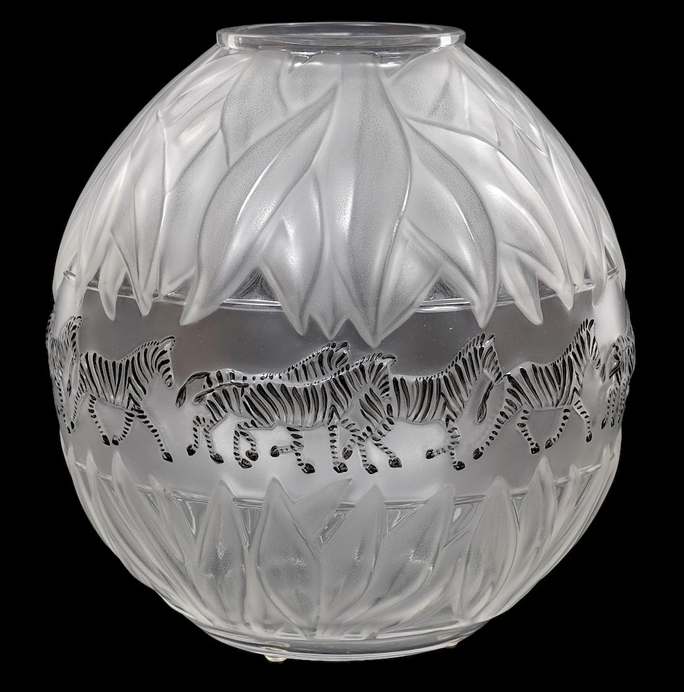 Appraisal: Lalique Crystal Tanzania Zebra Vase Lalique clear frosted round bulbous