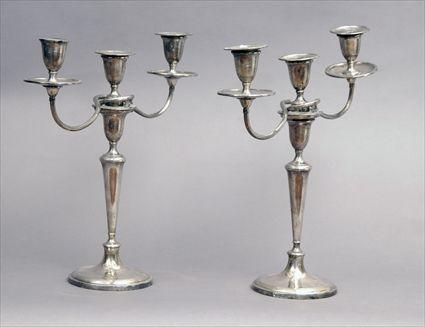 Appraisal: Pair of George III-Style Silverplate Three-Light Candelabra x in