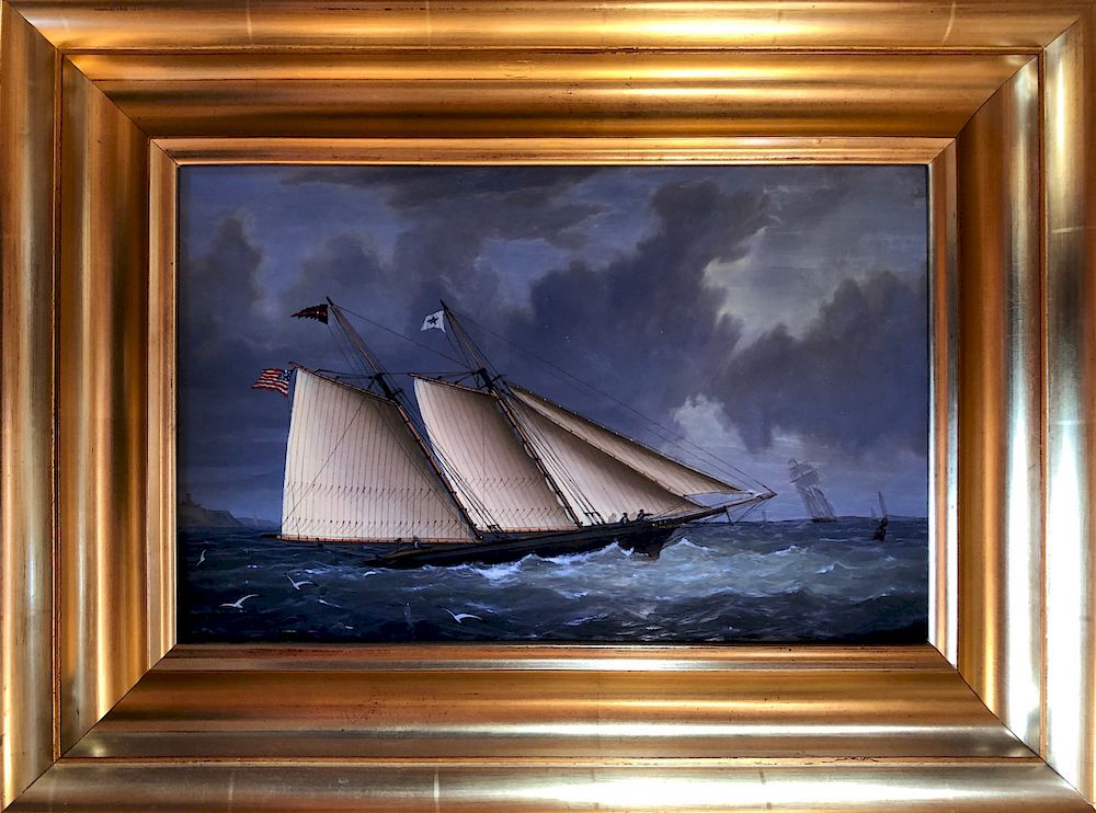 Appraisal: Decorative Maritime Painting Two Masted U S Sailing Yacht Approaching