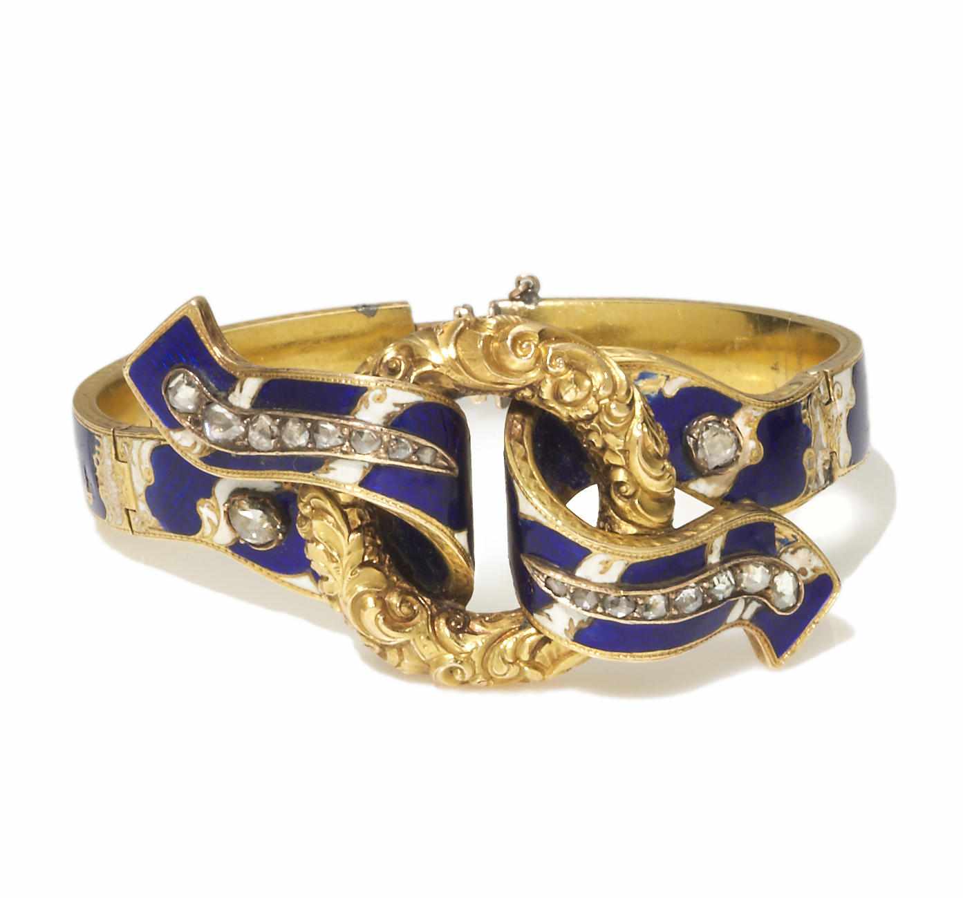 Appraisal: An antique enamel and diamond flexible bangle bracelet composed of