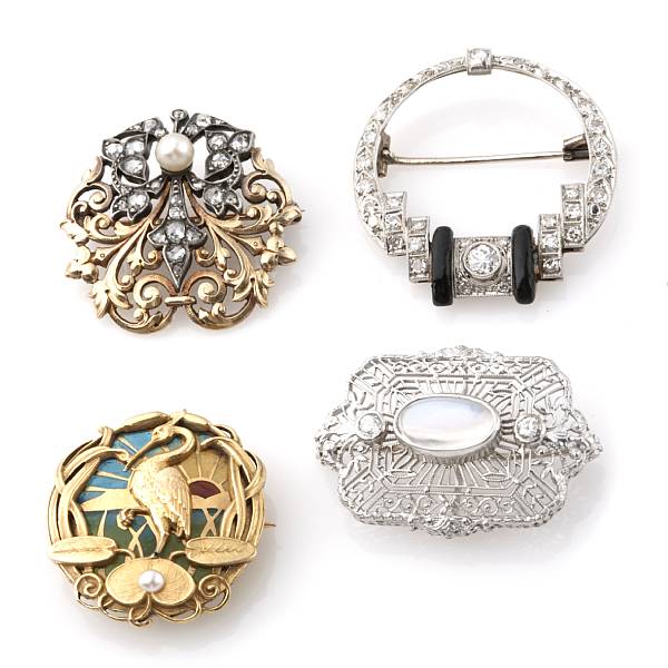 Appraisal: A collection of four diamond gem-set enamel and gold brooches