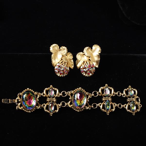 Appraisal: Schiaparelli pc aurora borealis gold tone bracelet and clip earrings