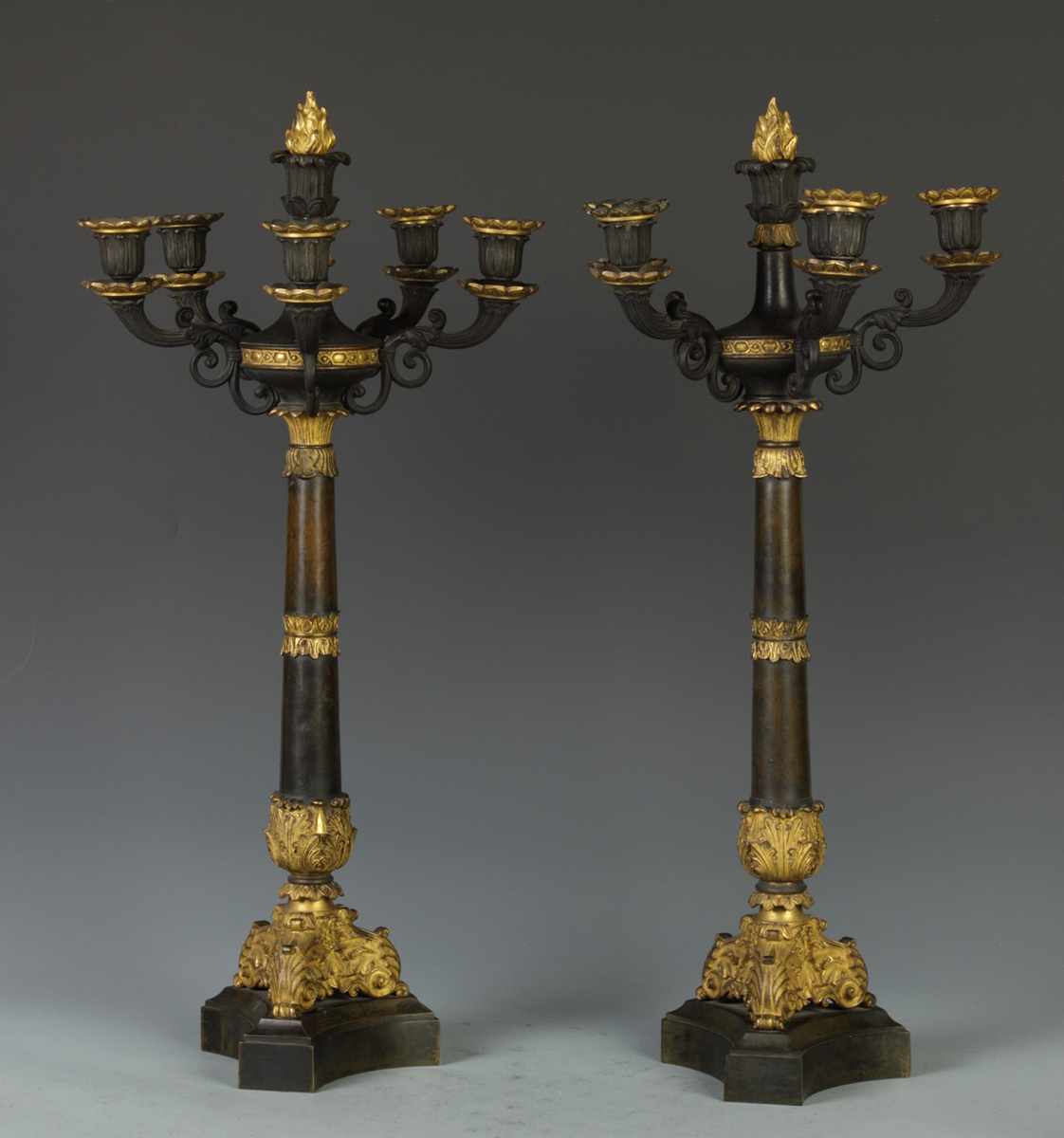 Appraisal: th Cent Patinated Bronze Empire Style Candelabras Condition Some wear