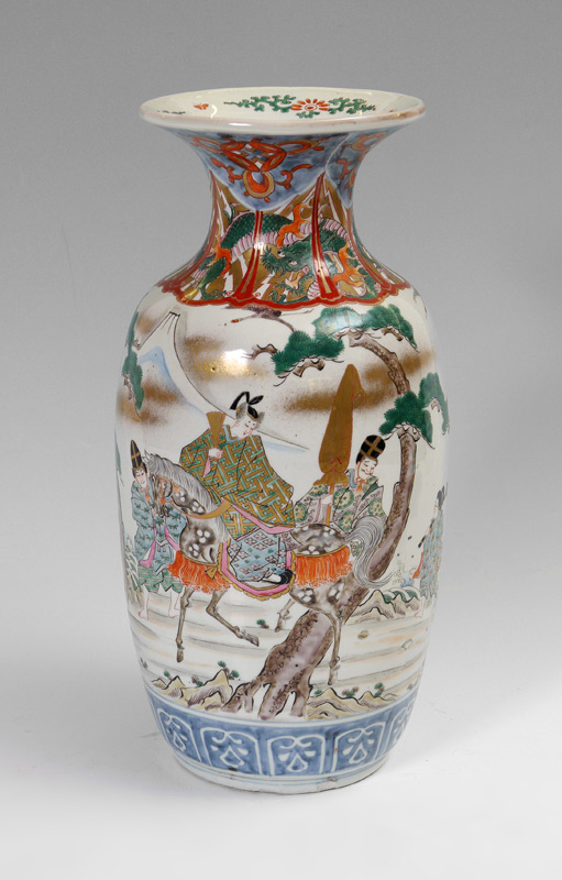 Appraisal: TH CENTURY JAPANESE POLYCHROME VASE Outdoor genre scene with maiden