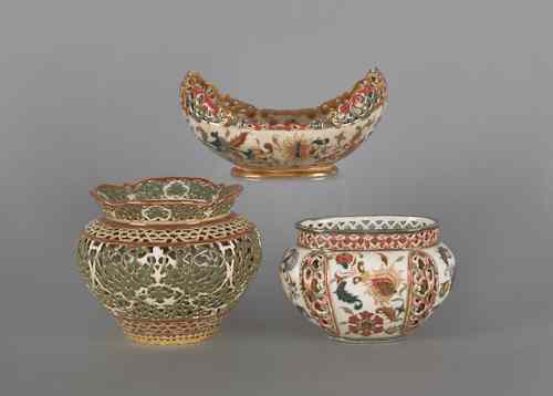 Appraisal: Three Zsolnay openwork bowls largest - h