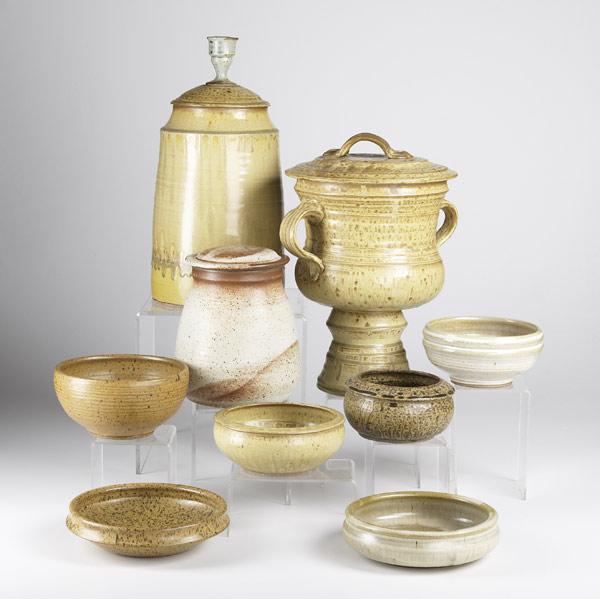 Appraisal: ERIC CUSHING Nine pieces of stoneware include a covered urn