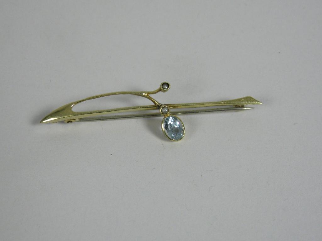 Appraisal: An Aquamarine and Seed Pearl Bar Brooch the oval shaped