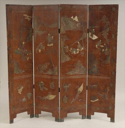 Appraisal: Chinese Maroon-Ground Carved Coromandel Lacquer Four-Panel Folding Screen ft in