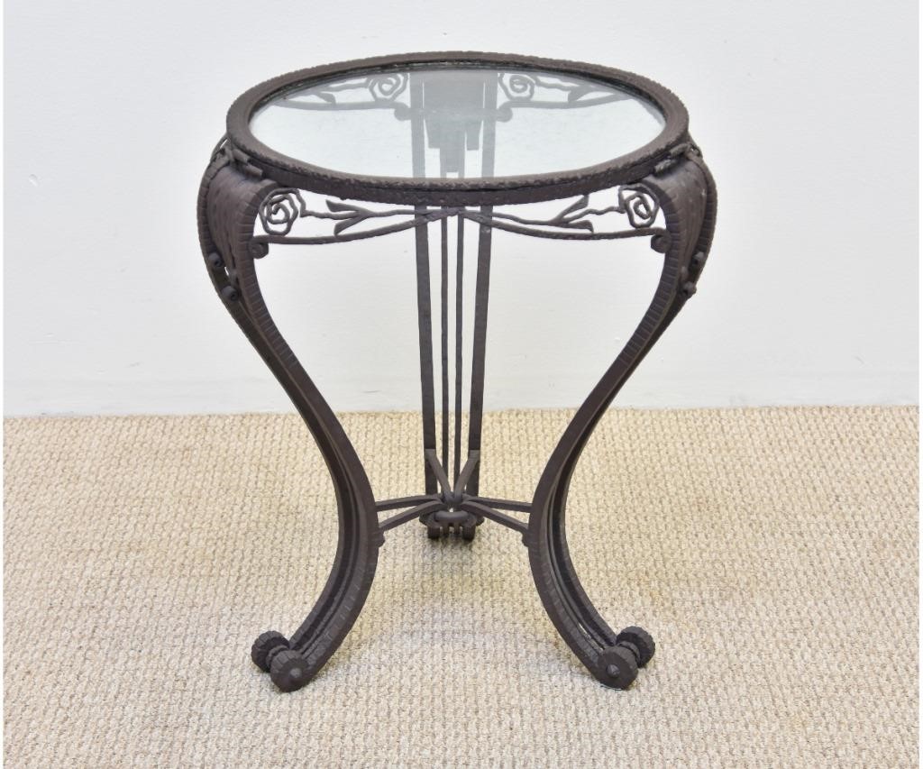 Appraisal: Art Deco wrought iron round table with glass top h