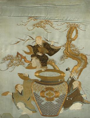 Appraisal: An embroidered silk panel decorated with three figure dancing around