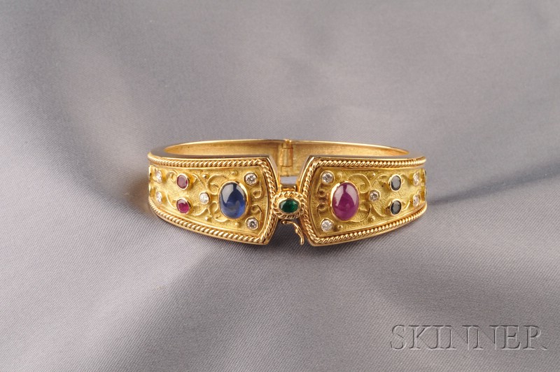 Appraisal: kt Gold and Gem-set Bracelet the hinged tapering bangle set