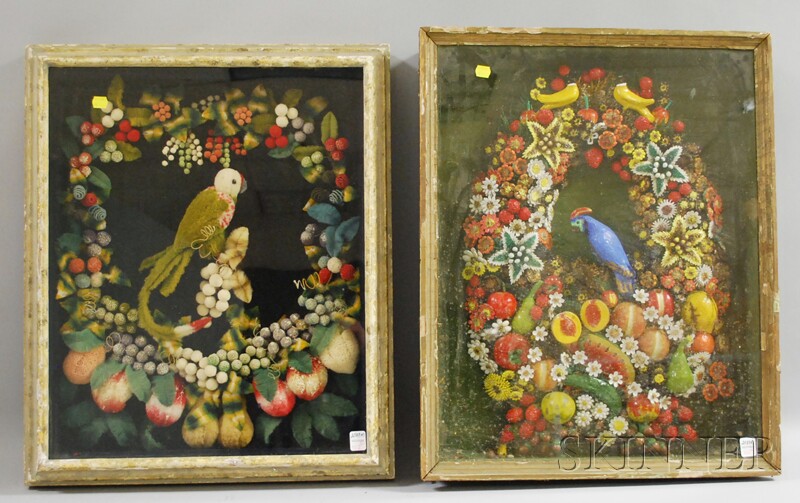 Appraisal: Two Parrot and Wreath of Fruit Shadow Boxes a woolwork