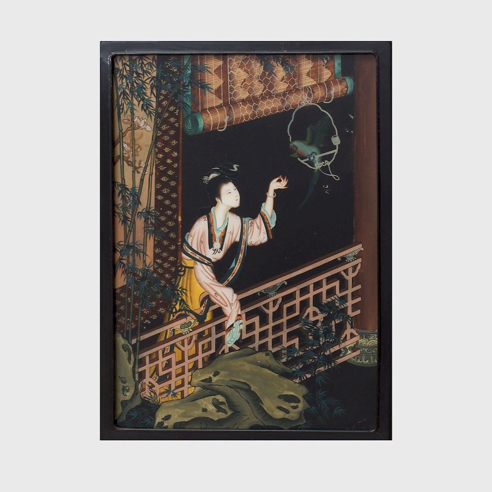 Appraisal: Chinese Export Reverse Painting on Glass Within an ebonized frame