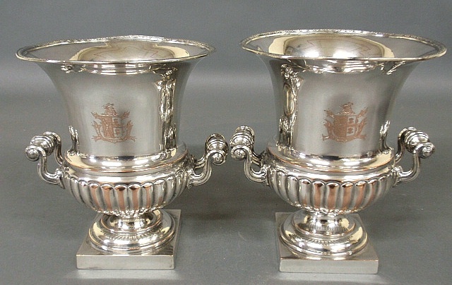 Appraisal: - Pair of silverplate wine coolers with armorial crests and