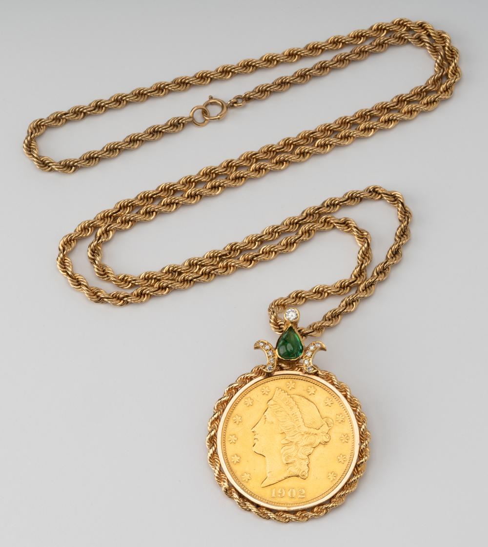 Appraisal: U S LIBERTY GOLD COIN NECKLACEthe pendant brooch set with