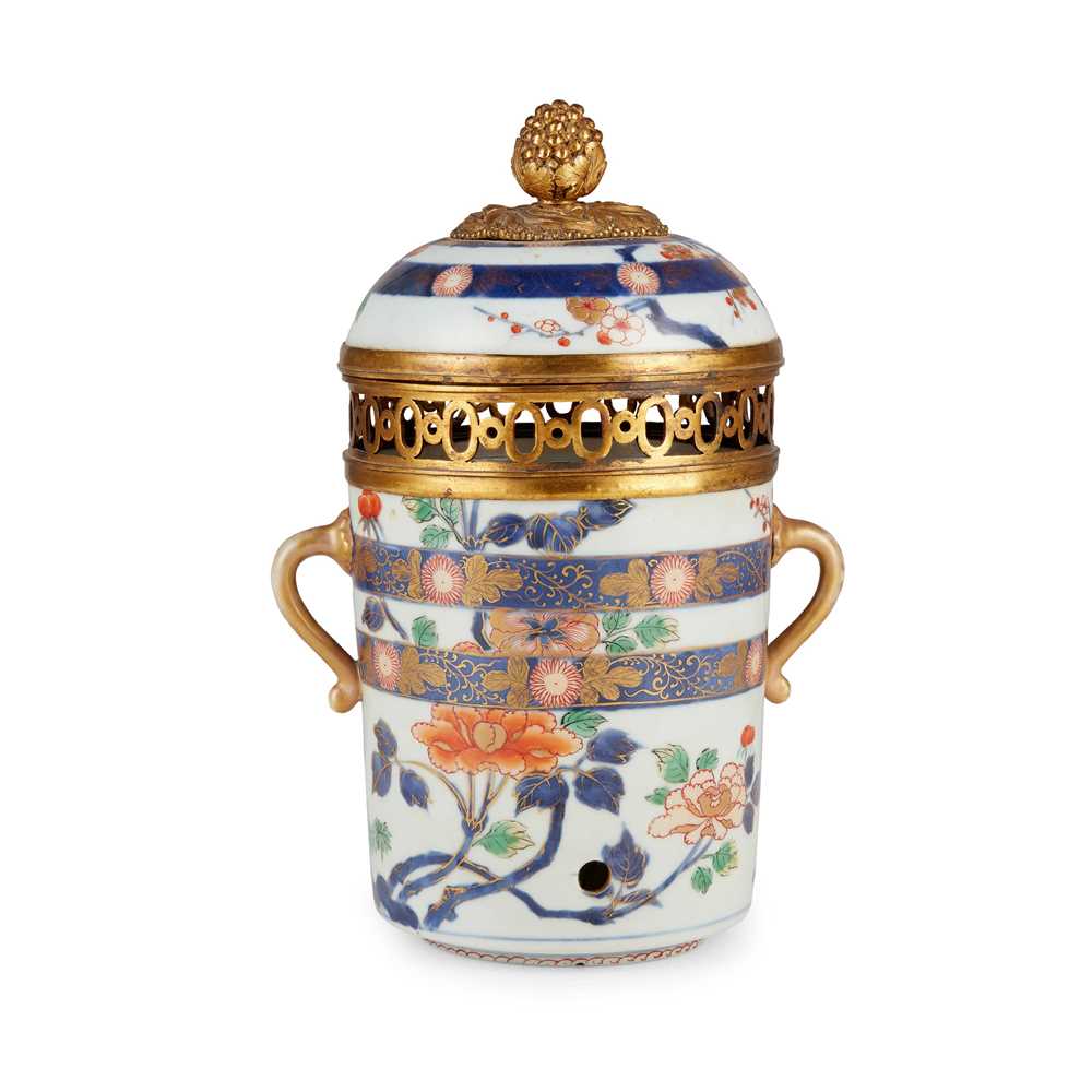 Appraisal: ORMOLU-MOUNTED IMARI LIDDED JAR MEIJI PERIOD decorated with gnarled tree