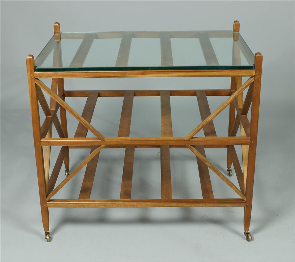 Appraisal: MID-CENTURY ROLLING HARDWOOD BAR CART WITH GLASS TOP the top