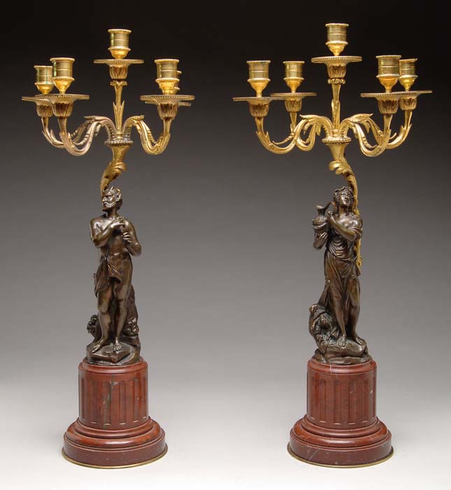 Appraisal: FINE PAIR OF BRONZE AND MARBLE CANDELABRA GARNITURES The dore