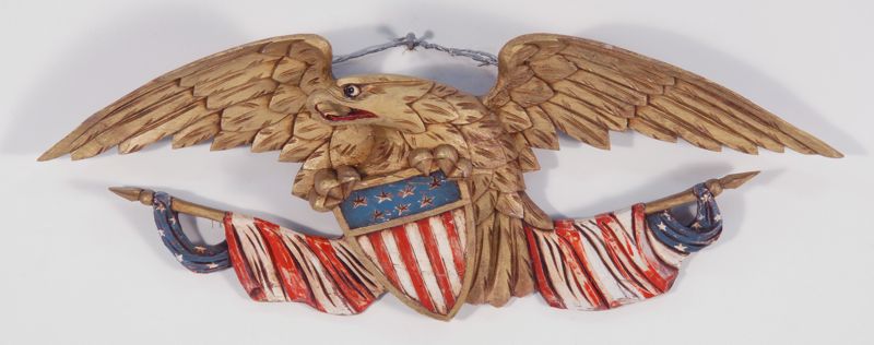 Appraisal: AMERICAN BELLAMY-STYLE CARVED AND PAINTED WOOD EAGLE With gilt decoration